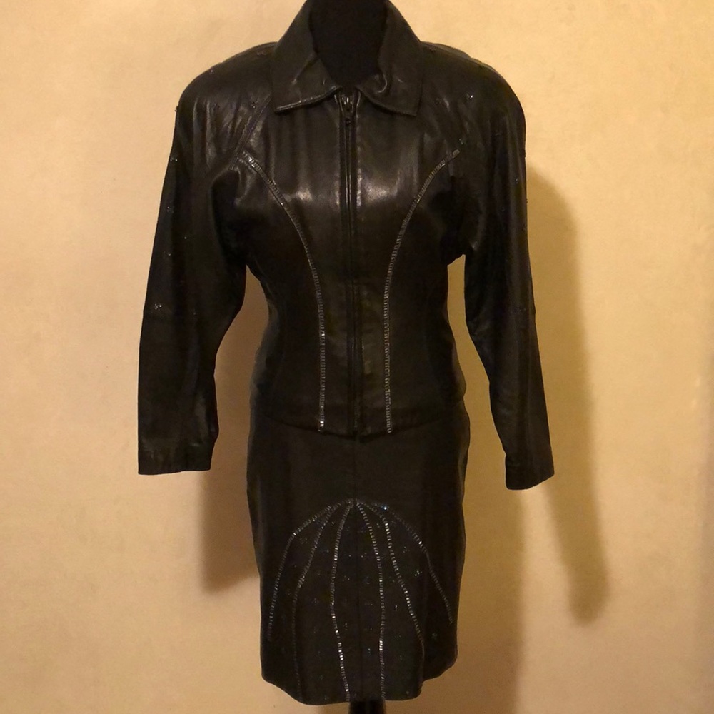 100% Designer leather embellished skirt suit